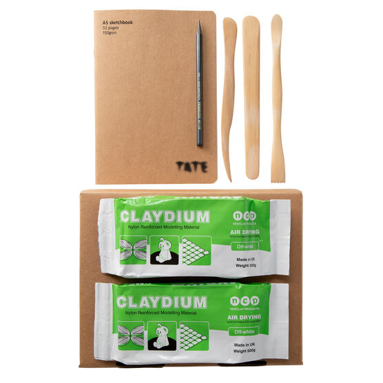 kit contents: two blocks of air dry clay, three wooden tools and an a5 sketchbook.